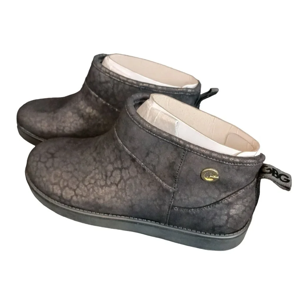 NEW GBG‎ Los Angeles Alena Faux Fur Slip-On Ankle Boots Black/Gold Size 6.5